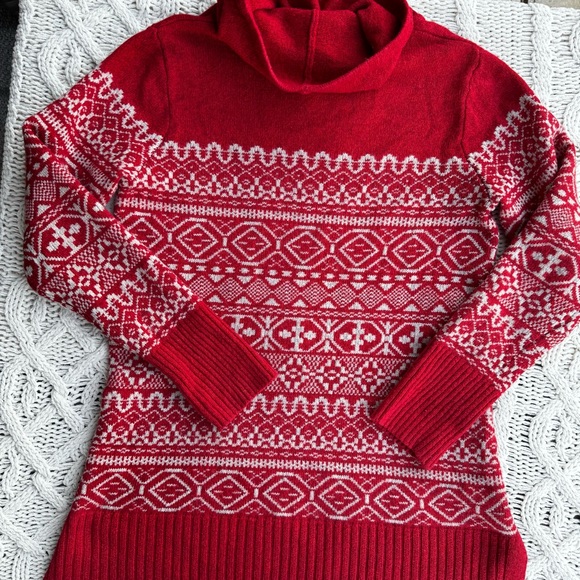 Eddie Bauer Cozy Nordic Fair Island Cowl Neck Sweater, Red/Cream Medium - Picture 2 of 12